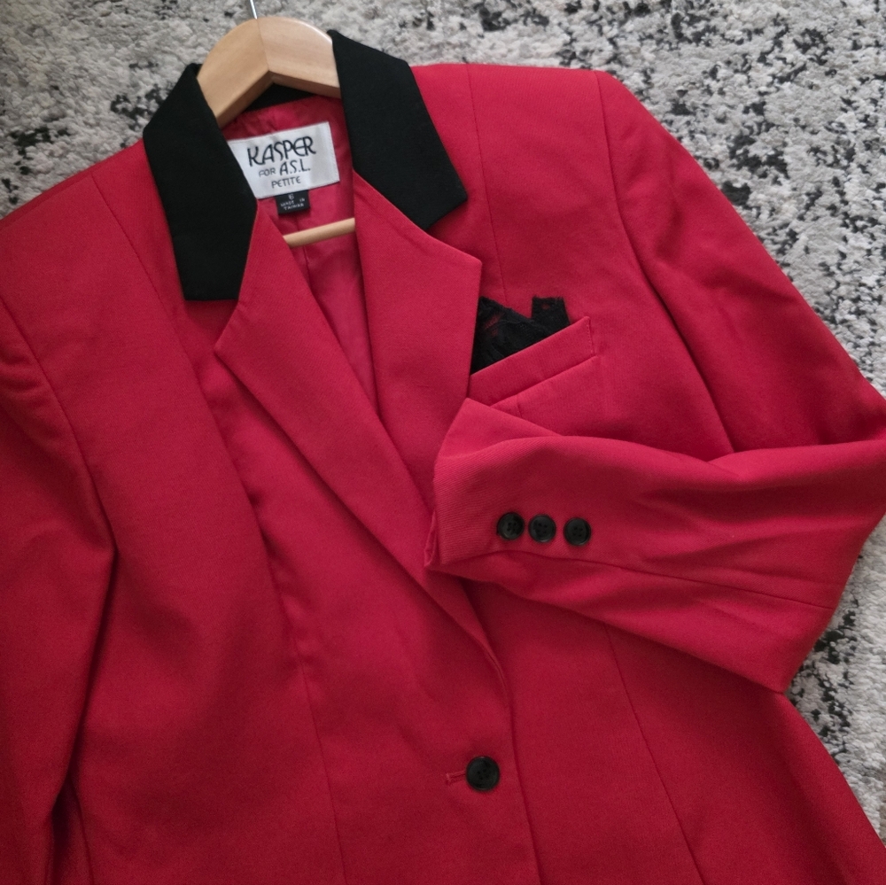 Vintage 90s Kasper Blazer With Lace Pocket Square Womens 6 Petite Black Red Chic